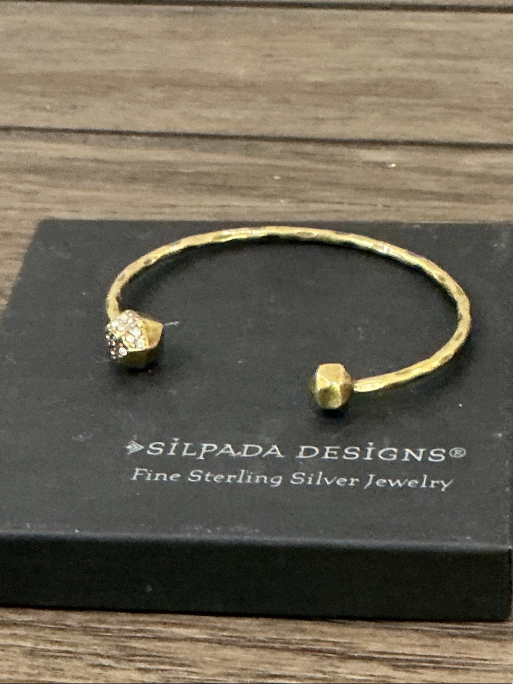 Silpada Brass Hammered Open Cuff with Pave Hexagon Accent